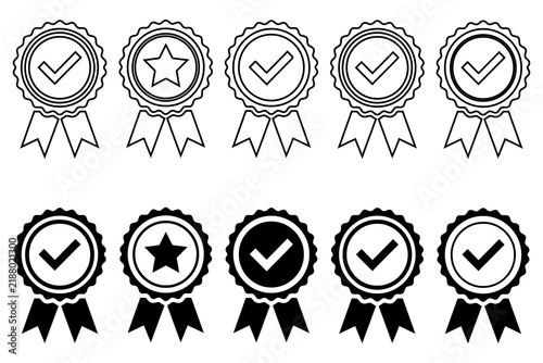 Fotografie Collection of black and white ribbons with checkmarks and stars badge tick