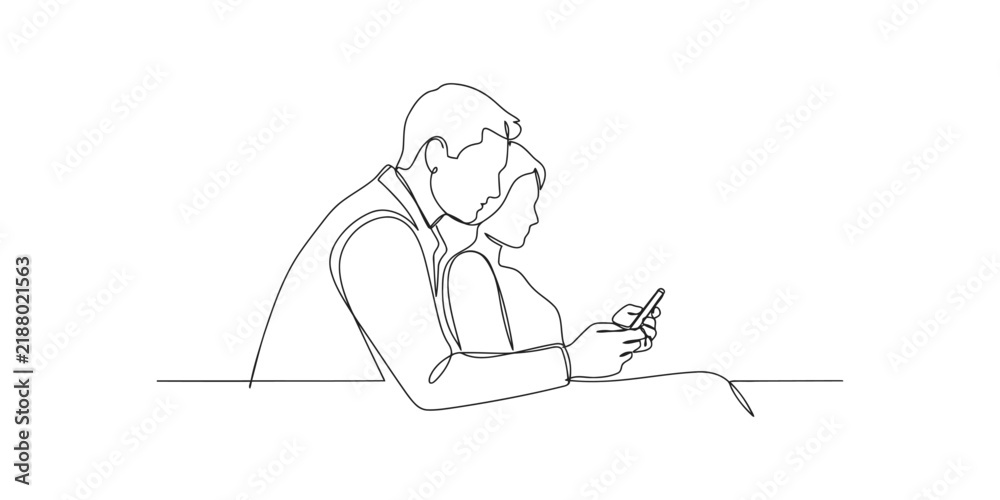 Obraz premium Continuous line drawing of a young couple looking together at a smartphone screen