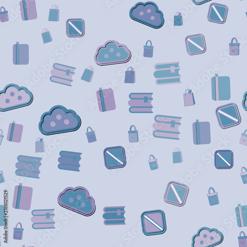 Seamless pattern of books, shopping bags, and clouds