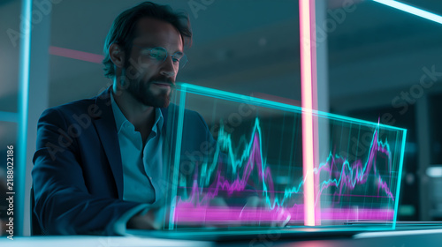 A man in a suit looking at a holographic stock market graph on a laptop screen with interacts glowing holographic