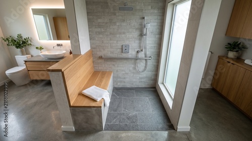 Modern and stylish accessible home bathroom interior featuring an open walk-in curbless shower and wooden bench