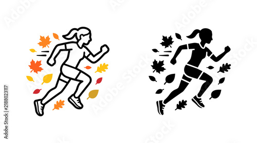 Woman running in autumn with falling leaves, illustration in two styles.