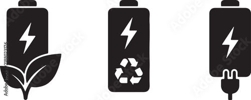 Premium Eco Battery Icon Collection With Electric Power Rechargeable Energy Storage Recycling Leaf And Sustainable Clean Energy Technology Symbols