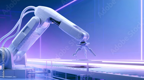 Industrial robotic arm operating on an automated production conveyor belt in a modern digital factory with industrial facility neon