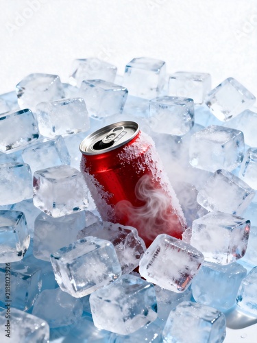 Red beverage can surrounded by clear ice cubes with cold mist