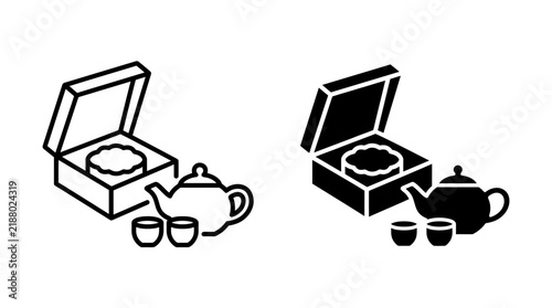 Traditional Chinese Tea Set with Mooncake Gift Box Icon.