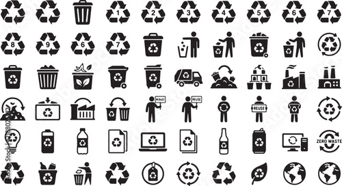 Premium Recycling Icon Collection With Waste Management Symbols Recycle Bins Trash Cans Eco Products Zero Waste And Environmental Conservation Elements
