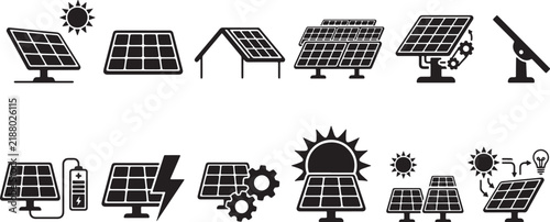 Premium Solar Panel Icon Collection With Photovoltaic Energy Systems Renewable Power Sunlight Electricity Technology Installation And Clean Energy Symbols