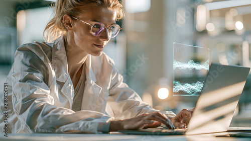 A young woman wearing glasses works on a laptop with a digital holographic display interface