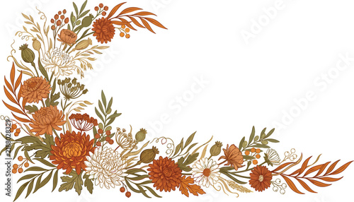Thanksgiving Autumn Floral Chrysanthemum Corner Frame Vector Illustration