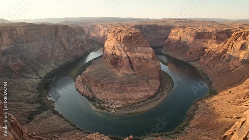 Aerial view of horseshoe bend at sunset: colorado river canyon landscape in arizona grand canyon desert