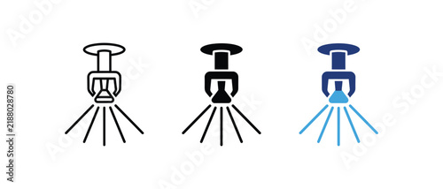 Fire sprinkler ceiling water spray system protection icon set. Vector illustration