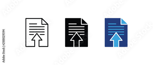 Upload document file up arrow submit send data page transfer icon set. Vector illustration