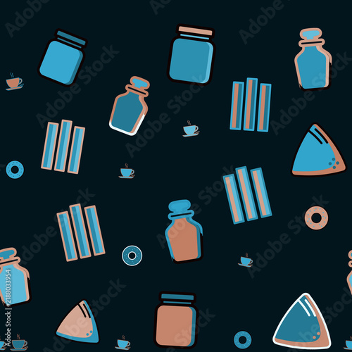 Seamless pattern of stylized jars, coffee cups, and abstract shapes