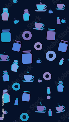 Seamless pattern of jars, cups, and donuts