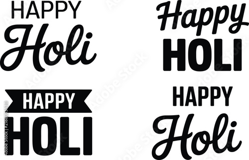 Happy Holi typography vector set with calligraphy greeting lettering badges for Indian spring festival of colors celebration design
