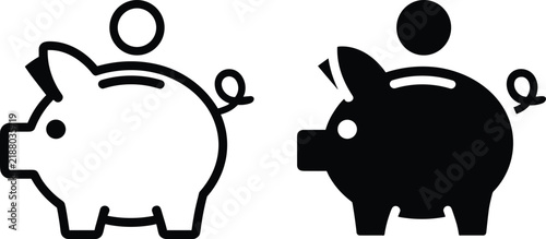 Piggy bank with falling coin icon set in outline and solid silhouette style for financial vector design