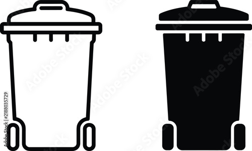 Trash can wheelie bin icon set in outline and solid silhouette style for waste management vector design
