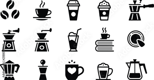 Coffee shop icons set featuring beans cups grinder maker and beverage symbols for cafe menu vector illustration