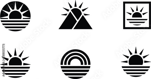 Sunrise and sunset logo icon set with mountains sea and sunbeams for summer nature emblem vector design