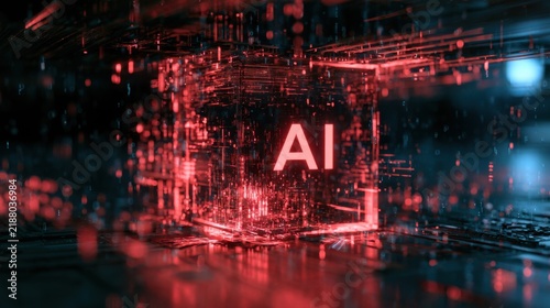 Glass AI symbol surrounded by binary data stream, idea for artificial intelligence, machine learning, software development
