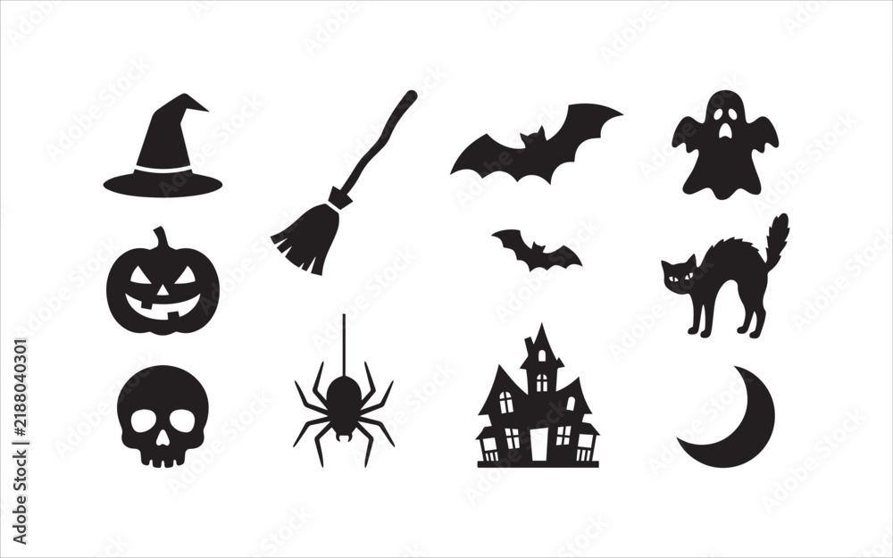 Fototapeta premium Set of black halloween silhouettes including pumpkins bats ghosts and other spooky holiday icons on white background