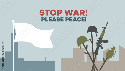 Anti-war poster with white peace flag and military gear stands as poignant monument on city skyline background.