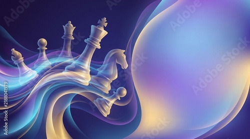Abstract business strategy background with chess pieces and glowing dynamic light waves