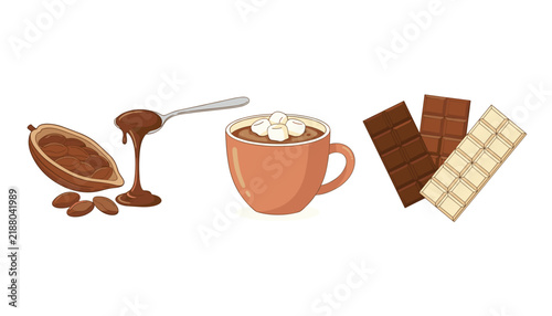 Sweet chocolate set with cocoa pod beans melted chocolate spoon hot drink with marshmallows and bar variations.