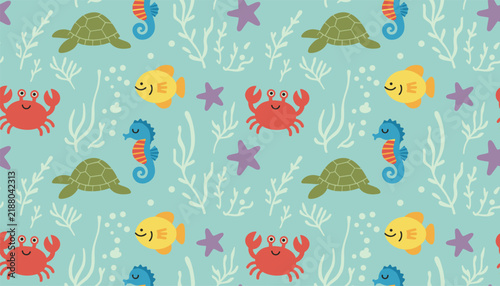 Cute seamless vector pattern of colorful sea creatures including turtles crabs seahorses and fish in ocean water.