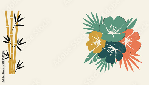 Tropical floral bouquet with colorful hibiscus flowers and palm leaves next to yellow bamboo stalks on light background.