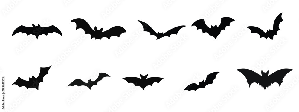 Fototapeta premium A bold black silhouette illustration set of ten flying bats in various wing positions and sizes.