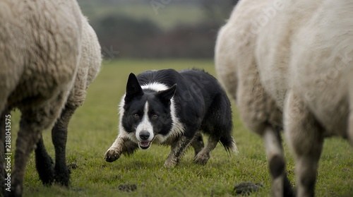 Focused Border Collie herding sheep on a green pasture. Intense working dog performing livestock management on a rural farm field during a wide shot.