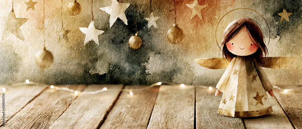 Fototapeta premium Cute Christmas Angel Watercolor Background – AI Generative