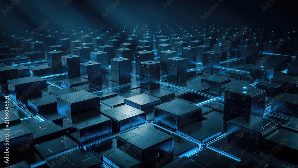 Fototapeta premium A grid of dark metallic cubes connected by glowing blue light lines in a digital space with cubes illuminated interconnected lines reflective surface block