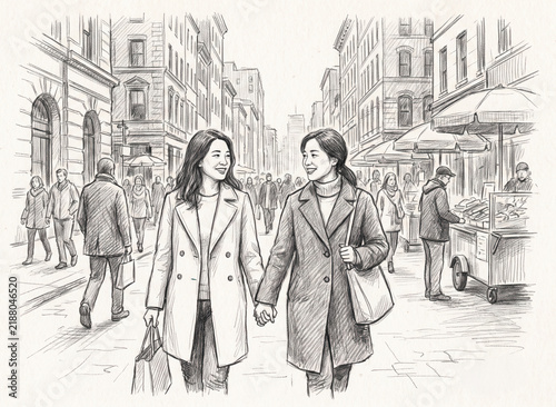 A charming pencil sketch of a lesbian couple walking hand-in-hand down a city street, capturing a tender moment of connection and romance in a vibrant urban setting. 
