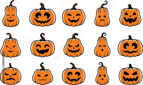 Set of cute and spooky hand drawn halloween pumpkin jack o lantern icons with various facial expressions