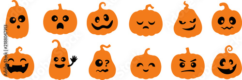 Set of cute cartoon pumpkins with various funny facial expressions for halloween holiday decoration and graphic design projects