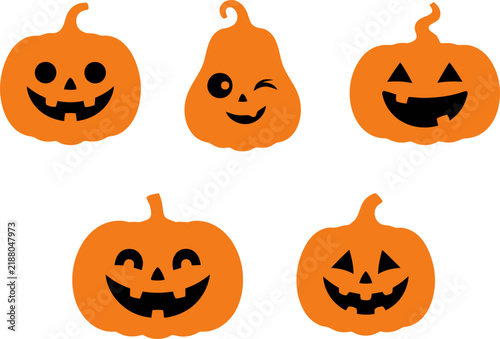 A collection of five cute cartoon jack o lanterns with different happy expressions for halloween party decorations