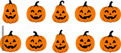 A collection of ten different carved orange jack o lanterns isolated on a clean white background for halloween