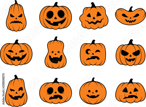 Set of twelve hand drawn orange jack o lantern pumpkins with various spooky and funny facial expressions
