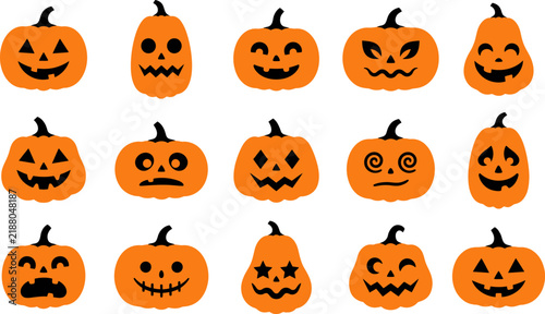 Set of fifteen small orange pumpkins with various carved spooky and funny faces for halloween holiday decorations