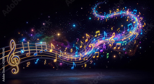 An abstract, colorful musical background with glowing notes and a treble clef flowing across a dark, starry night sky. Abstract Music Wave with Neon Notes and Magical Glitter Effects