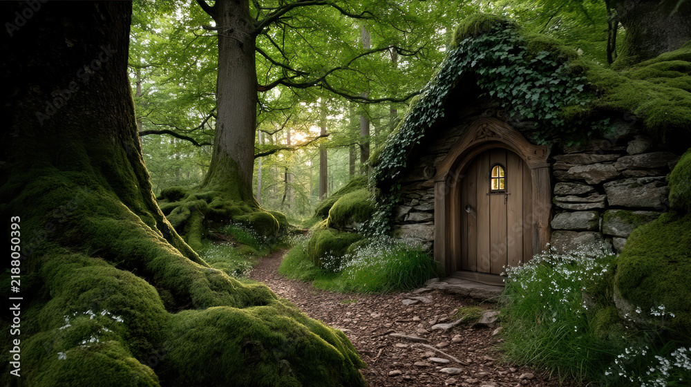Fototapeta premium Enchanted ancient forest mossy tree stone house wooden door green foliage sunlight magical serene