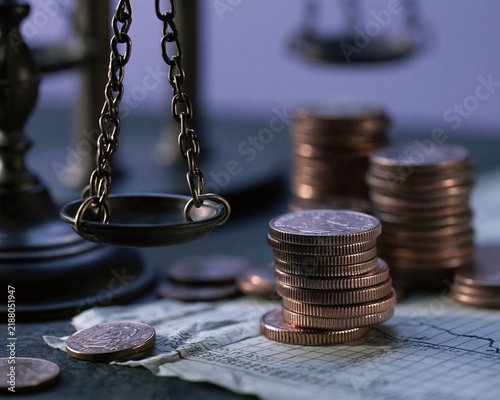 Balance scale with linked chains and ridged coin stacks on a creased financial chart, featuring strong shadows for investment risk and analysis