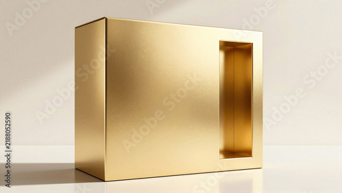 Minimalist Three Dimensional Golden Rectangular Prism Block with Rectangular Cutout Opening