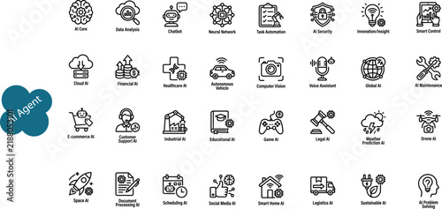 A collection of various abstract line art doodle icons arranged in a grid pattern on a white background surface