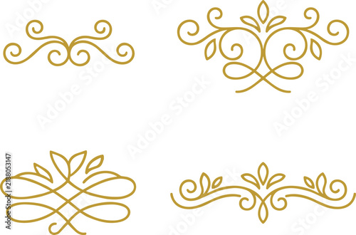 Set of gold frames corners and dividers with calligraphic design for wedding invitations.