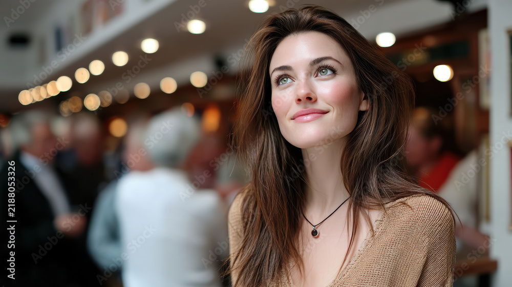 Obraz premium Young woman brown hair smiling casual sweater necklace indoor cafe warm light candid happy
