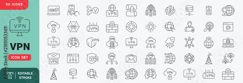 VPN icon set. Secure connection, online privacy, encryption, cybersecurity and anonymity. Editable stroke vector icons.